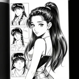 Ariana Grande black and white manga sketch in the style of Akira Toriyama, Katsuhiro Otomo, Yusuke Murata, Junji Ito, Naoko Takeuchi, Kentaro Miura
