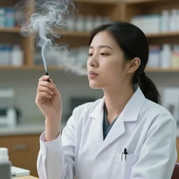 a pharmacist woman smoking, smoke in the air