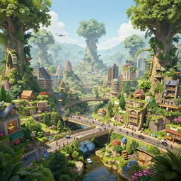 a humongous nature civilization with trees, flowers, bridges, malls, shops, city, cars, people, houses, planes, wet reflections, unreal engine 5, octane, smooth, ray tracing, hyper detailed, hyper realism, fantasy, trending on artstation, behance, deviantart