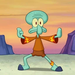wide shot, detailed photorealistic ( cartoony ) face, squidward, wearing fire nation clothing and practicing firebending outside at susnset, [ greg rutkowski ]