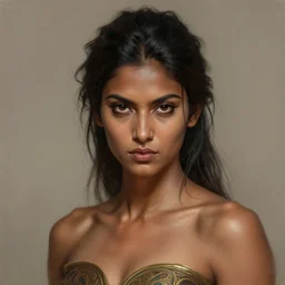 photorealistic portrait of a young butch indian woman, handsome, female, masculine, upper body, fantasy, fierce, sharp features, intricate, elegant, highly detailed, digital painting, artstation, concept art, matte, sharp focus, illustration, art by artgerm and greg rutkowski and alphonse mucha
