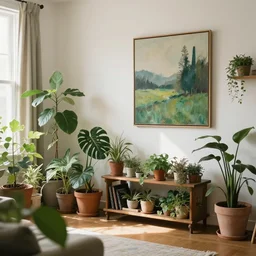 a living room with plants and a painting on the wall, featured on tumblr, light and space, sanctuary, soft light, aesthetic