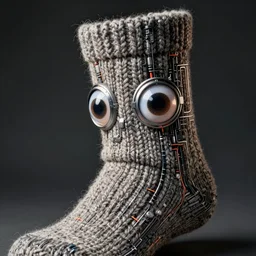portrait photo of a wool sock with big eyes, face made from thick cyberpunk wires, extremely high details, realistic, by MC Escher and beeple