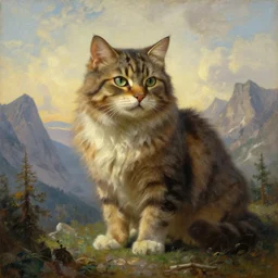 huge gigantic cat in mountains, oil painting by Ivan Shishkin