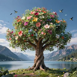 a beautiful awesome artistic tree in the space with falling flowers like leaves and many birds, all in the amazing outdoors view, mountain in the background, lake, long exposure, 8 k resolution, trending on artstation
