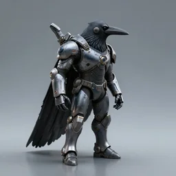 crow wearing scifi armour, realistic reflections, portrait, photo
