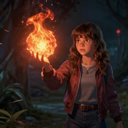 Concept art, Eleven from 'Stranger Things' Season 3 (2019) conjuring a magical fireball in her hand