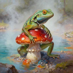 highly detailed oil painting of a lizard man ( ( mushroom ) ) in a steaming colorful hotspring, featured on artstation