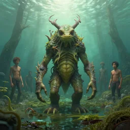 swamp creature design, Moebius, Greg Rutkowski, Zabrocki, Karlkka, Jayison Devadas, Phuoc Quan, trending on Artstation, 8K, ultra wide angle, zenith view, pincushion lens effect