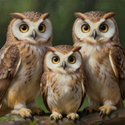 a family of owlets. the owls have really detailed, fluffy feathers. 3 d hyperrealistic, surrealist painting by hayao miyazaki, wesanderson and jeffrey smart