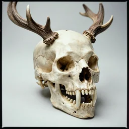 creepy photo of a human skull with antlers and long fangs, film photo, Portra, 4k, high quality, very detailed