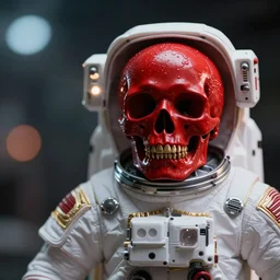 smaller ornate red skull in white astronaut suit, gold linens, cinematic lighting, dramatic,  octane render, long lens, shallow depth of field, bokeh, anamorphic lens flare, 8k, hyper detailed