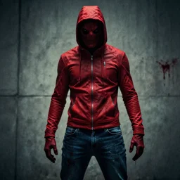 red hood cosplay, creepy, disturbing, bloody, darkness, grainy, urban, jeans