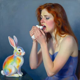A woman puking rainbow bunnies painted by Alice Neel