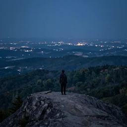 A wanderer on a mountain, montaintop, georgeous view, distant forest, distant city, distant glow, night, moon, dramatic light, Chiaroscuro, long shadows, dark, masterpiece, high detail, detailed, illustration by Paul Gustave Doré