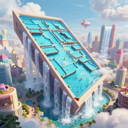 huge gargantuan angular dimension of infinite poolrooms, buildings by escher and ricardo bofill. utopian landscape by roger dean. magical realism, surrealism, waterfalls, clouds, mallsoft, vaporwave, trending on artstation, shot from below, epic scale
