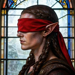 side - view portrait of the iorveth, scoia'tael leader, eye covered by long red bandana, red bandana over forehead, elf ear, no facial hair, stained glass window, very masterful, no artifacts