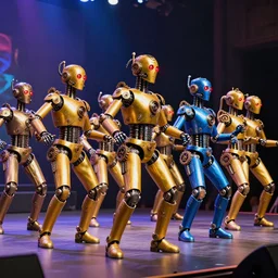 a queue of 7 golden and blue metal humanoid steampunk robots dancing on a concert stage, robots are wearing and gears and tubes, eyes are glowing red lightbulbs, shiny crisp finish, 3 d render, 8 k, insaneley detailed, fluorescent colors, nightlight