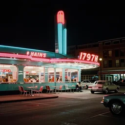 color street view in america of market district at night, diner, from 1 9 7 3, scorsese, kodachrome, fred herzog. retro futurism on film. sharp detailed. futuristic.