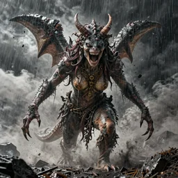 post lowbrow lilith the mother of all monsters angry, raining ash, fine art masterpiece, highly detailed dino valls wayne barlowe machiej kuciara, dramatic lighting, long shot, wide angle, uhd 8 k, sharp focus