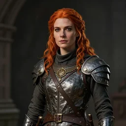 a portrait of a female white woman in her 2 0 s, she has orange hair, wearing a medieval military uniform, medieval, style by donato giancola, wayne reynolds, jeff easley dramatic light, high detail, cinematic lighting, artstation, dungeons and dragons