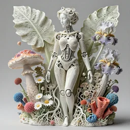 intricate hyper detailed ultra sharp porcelain beautiful woman biomechanical cyborg, analog, beautiful natural soft light, large leaves and floral stems, roots, laser cut lace, daisies, colorful puffballs, huge fractal mushrooms, rhizomorphs, brackets, sponge corals, iris van harpen haute couture, pearl earring, intricate details, octane render, volumetric lighting, 8 k