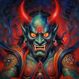 a vibrant painting of japanese oni demon with glowing red horns, ominous, magic details, by moebius, edward hopper, james gilleard, and james jean, hd, 4 k, symmetrical, trending on artstation, uhd,