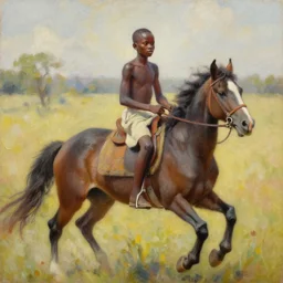 an expressive oil painting of a young soremi riding a horse