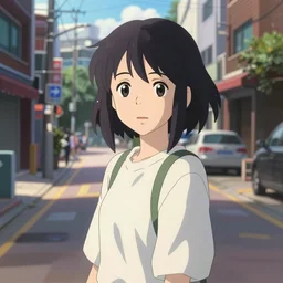 A screenshot of the girl on the a seoul city street in the scene in the Makoto Shinkai anime film Kimi no na wa, pretty rim highlights and specular
