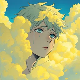 crying boy!!!!! fully covered in yellow and blue clouds!!!, disarming, enchanting, handsome, fragile, hopeful, cloudcore, portrait, gapmoe yandere grimdark, trending on pixiv fanbox, painted by makoto shinkai takashi takeuchi studio ghibli, akihiko yoshida