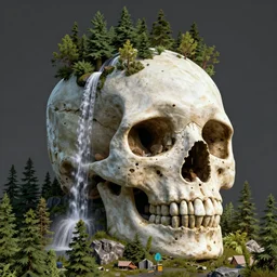 giant skull mountain, trees on scalp, waterfall, octane render