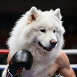 samoyed dog head on a human body as a muay thai kickboxer, Wai Kru Ram Muay, world championship fight, photorealistic, cinematic lighting, film still