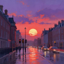 a beautiful illustration of rainy victorian london at sunset, art of alena aenami, featured on artstation, vertical orientation, paint brush strokes, expressionism, brushstroke - laden, breathtaking clouds, traffic lights, wet concrete, beauttiful stars, cables, long exposure, gigantic sun, airy theme, red purple gradient, lens flare