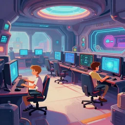 two boys playing game at a spacious gaming room, hi - tech gaming setup, highly detailed interior, retro - futurism, illustration, art by john berkey
