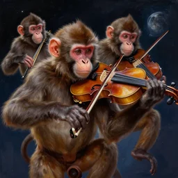 monkeys in space playing violin, digital painting masterpiece, 4k wallpaper, by Rembrandt, Greg Rutkowski, Thomas Kinkade, photorealistic, detailed and accurate faces, artstation, high quality