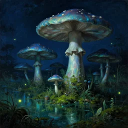 a close - up rococo portrait of a futuristic iridescent mushroom village standing in water, moss, and swamp. fireflies night time. rich blue and deep emerald colors, high contrast. gloomy, highly detailed 1 8 th century sci - fi fantasy masterpiece painting by jean - honore fragonard, moebius, and johfra bosschart. artstation