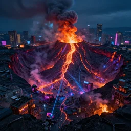 a cyberpunk city in the crater of a volcano, lava flowing, smoke, fire, neon, clubs, festival, lasers, industrial, by paul lehr, jesper ejsing