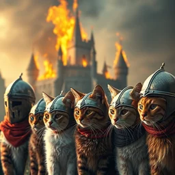a line of cats all wearing different medival helmets, behind them is a burning castle, depth of field, sun flare, hyper realistic, very detailed.