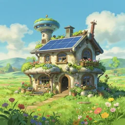 detailed photo of small solarpunk house, fields of flowers, grassy, futuristic!!!!!, 8 k, by studio ghibli, alena aenami, trending on deviantart, hyper detailed, beautiful lighting, epic environment