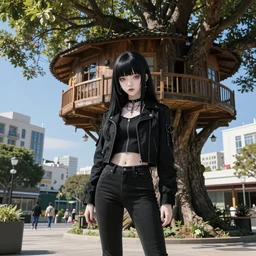 1 7 - year - old pale - skinned persian girl with black long bob cut, long bangs, black gothic jacket, black jeans, psychic girl, standing under treehouse in city plaza, urban plaza, treehouse hotel, large tree, ultra - realistic, sharp details, subsurface scattering, blue sunshine, intricate details, hd anime, 2 0 1 9 anime
