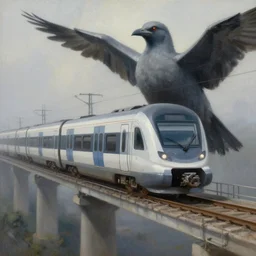 a modern train on a bridge, a giant grey bird next to it, high quality, realistic oil painting, mysterious