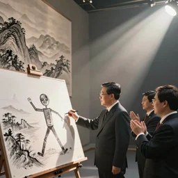 kim jong un shows drawing of stick - figure while secretaries are applauding