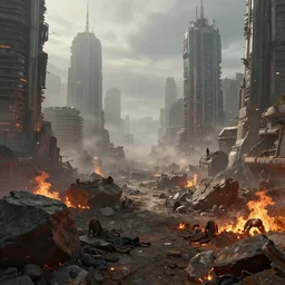 ! dream a realistic detailed photo of a futuristic city, rocks coming out of the ground, fire, dead peoples, destroyed city, foggy landscape, light particles, detailed light, realistic shaders, trending on artisation, detailed textures, detailed, realistic.