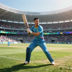 ronaldo, playing cricket, large stadium, early morning, high - res, cyberpunk aesthetic