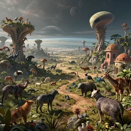 a view of an alien planet land scape full of fauna by karol bak, james jean, tom bagshaw, rococo, sharp focus, trending on artstation, cinematic lighting, hyper realism, octane render, 8 k, hyper detailed, vivid, ultra detailed, highly detailed