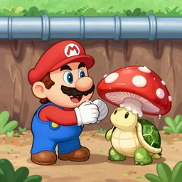 drunk mario eats a big fly agaric against the background of drainpipes from under the ground, cartoon turtles