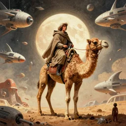 centered portrait of illustration, detailed, a person with a cloak riding a strange camel, volumetric, sci fi, space ships in the enviroment, fantasy scheme | coherence | art by jean giraud and moebius