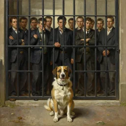dog holding a key in mouth in front of a group of men behind bars, wide angle, realism, old painting, oil painting