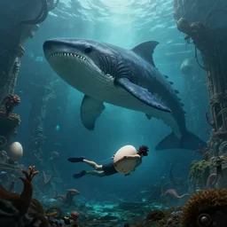 An diver is under the sea, he has a big egg with him, he is swimming away from the giant Leviathan that is behind hunting him, the Leavithan is evil, this is an extravagant planet with wacky wildlife and some mythical animals, the background is full of ancient ruins, the ambient is dark with a terrifying atmosphere, by Jordan Grimmer digital art, trending on Artstation,