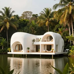 cozy organic architecture white house designed by mc escher, floating on top of a lake, tropical jungle background, day time, warm colors